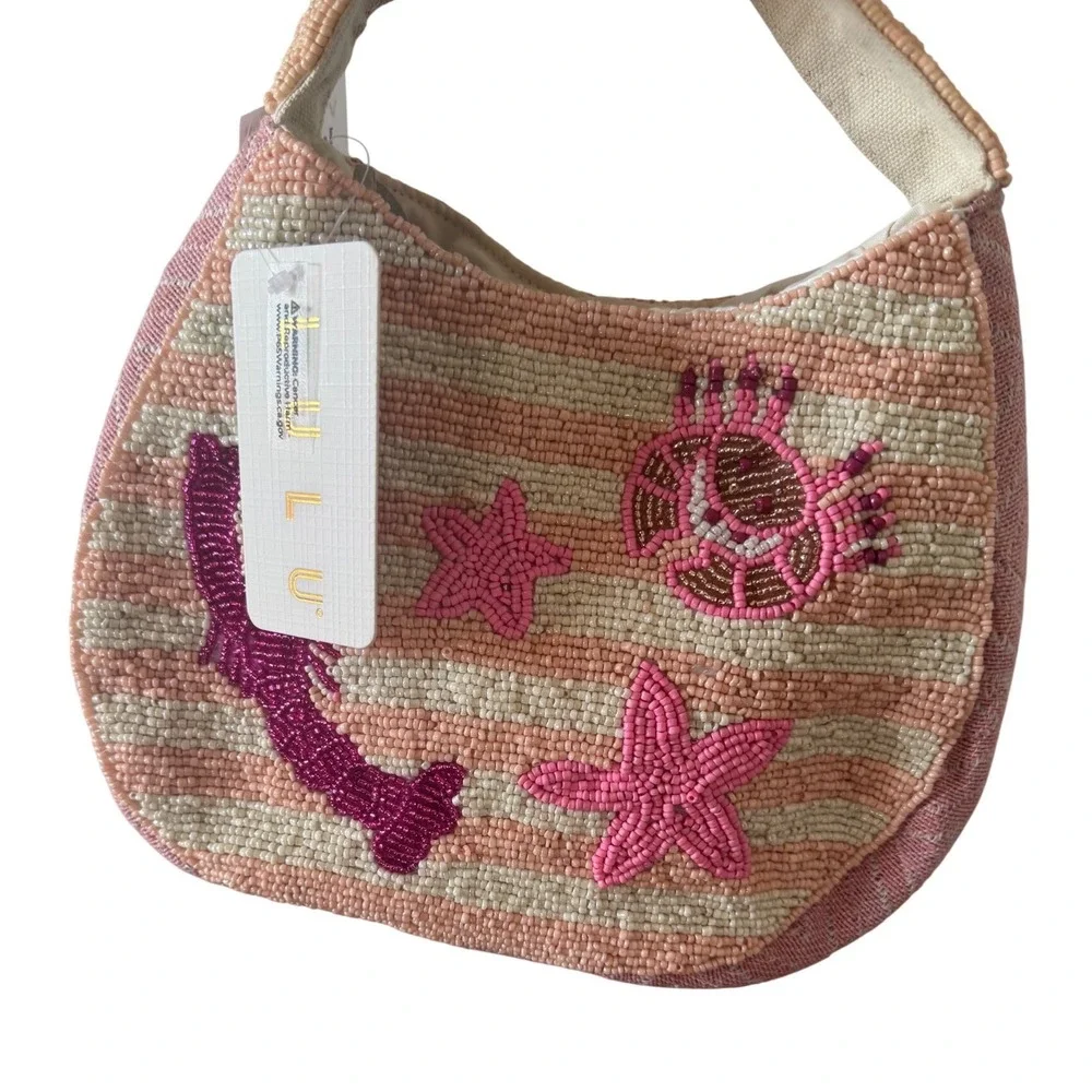 LULU Viral Handcrafted Beaded Bag Sea Life ink‎ Lobster Crab Star Tote Small NWT